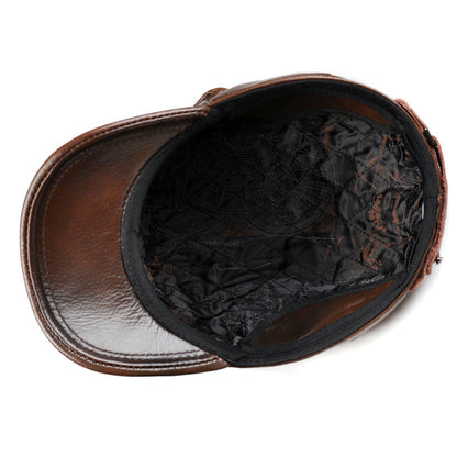 Men's Genuine Leather Octagonal Cap - Premium Cowhide Flat Top Hat