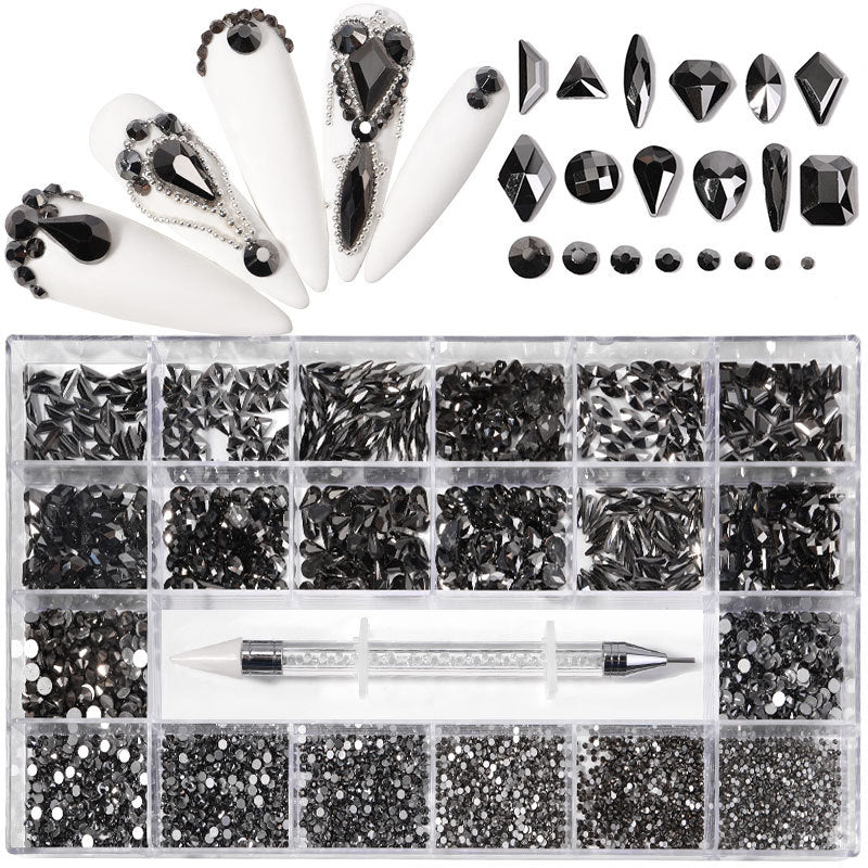 21-Grid Nail Rhinestone Decoration Set - Flat Glass Acrylic Nail Art Jewelry