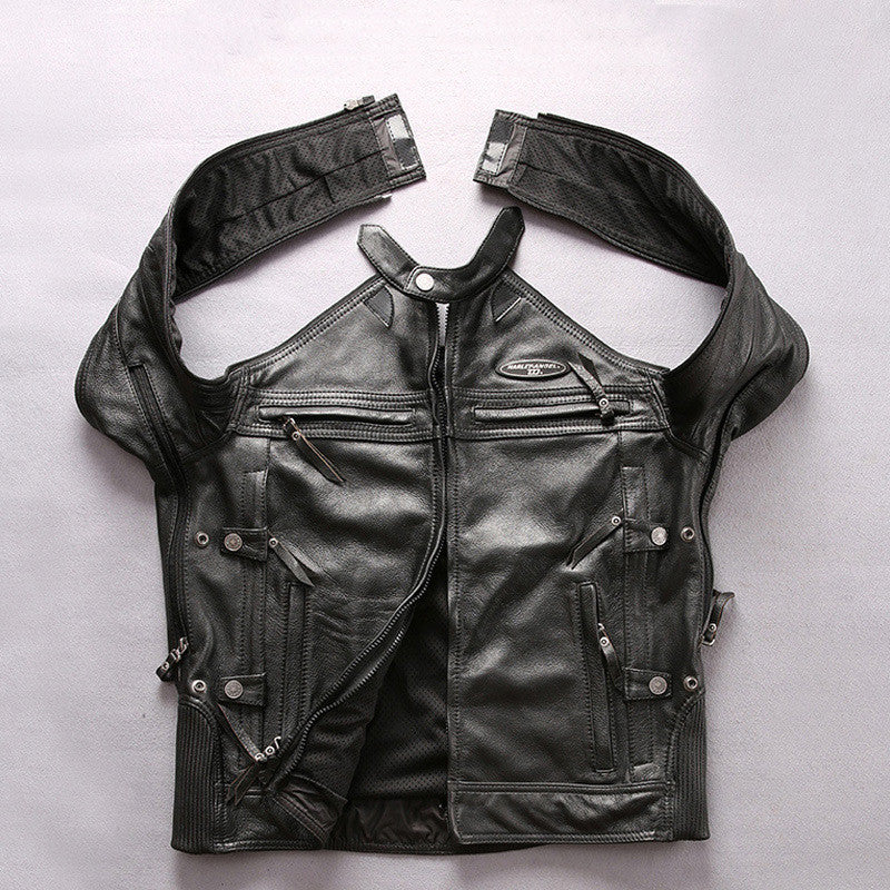 Men's Genuine Leather Motorcycle Jacket - Cowhide Stand Collar Slim Fit