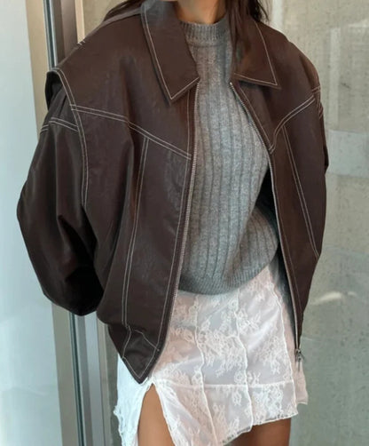 Women's Chenille Moto Biker Jacket - Loose Fit Lapel Zip-Up Jacket with Long Sleeves