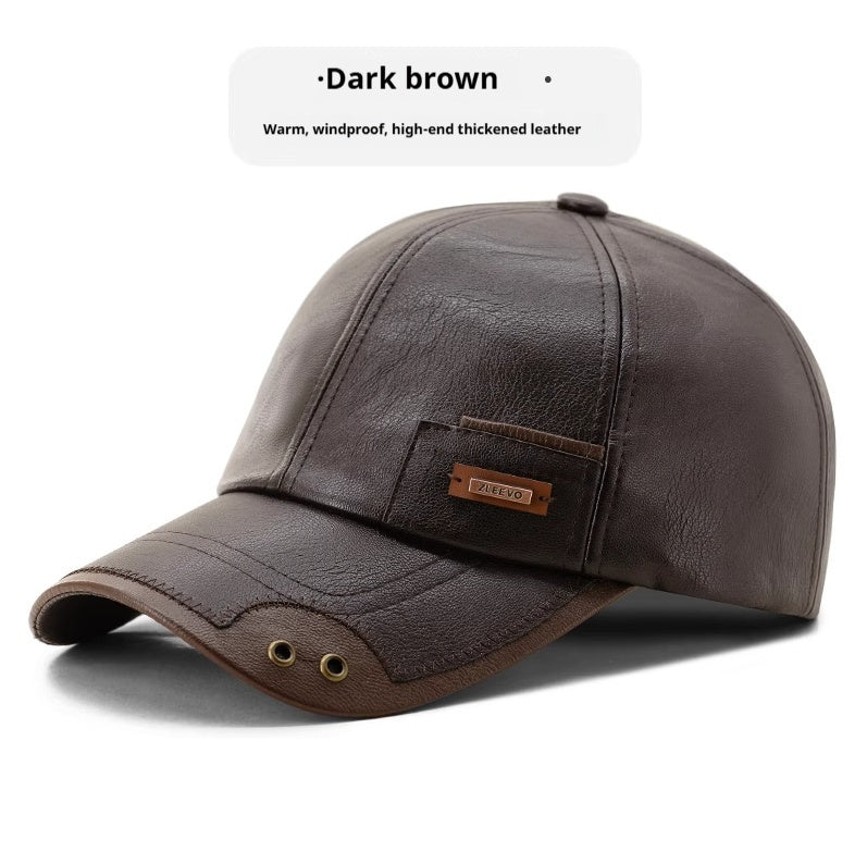 Winter Leather Fleece-Lined Baseball Cap - Warm Windproof Adjustable Hat