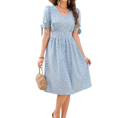 Women's Floral V-Neck Puff-Sleeve Dress - Bow-Trimmed A-Line Midi Dress