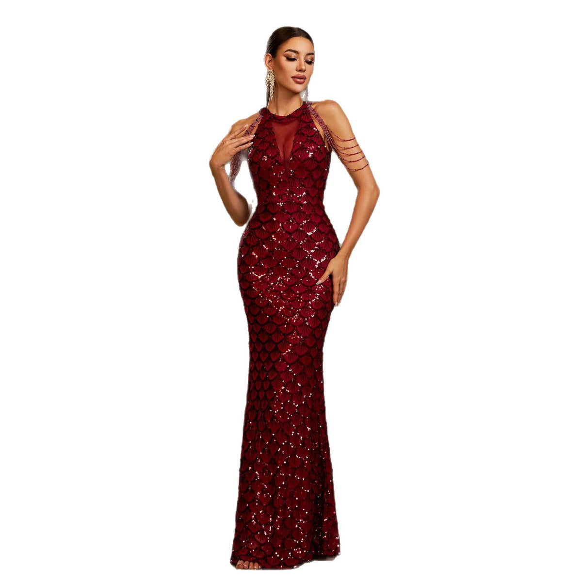 Women's Sequin Fishtail Dress – Sleeveless Round Neck Slim Sheath Banquet Gown