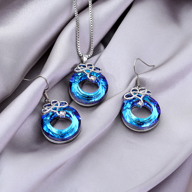 Crystal Necklace and Earrings Set - Gold-Plated Geometric Jewelry with Water Wave Chain