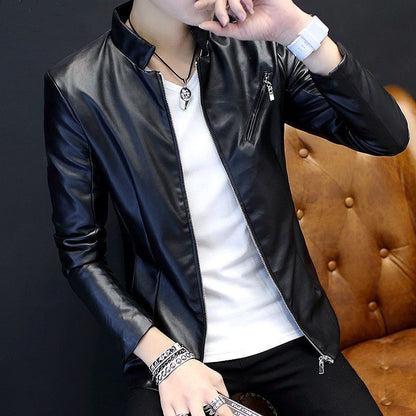Men's Genuine Leather Stand Collar Jacket - Korean Style Youth Biker Coat