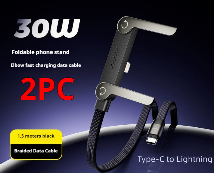 2-in-1 Fast Charging Cable with Built-In Foldable Phone Stand - 90° Elbow Braided Type-C Cable