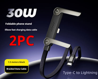 2-in-1 Fast Charging Cable with Built-In Foldable Phone Stand - 90° Elbow Braided Type-C Cable