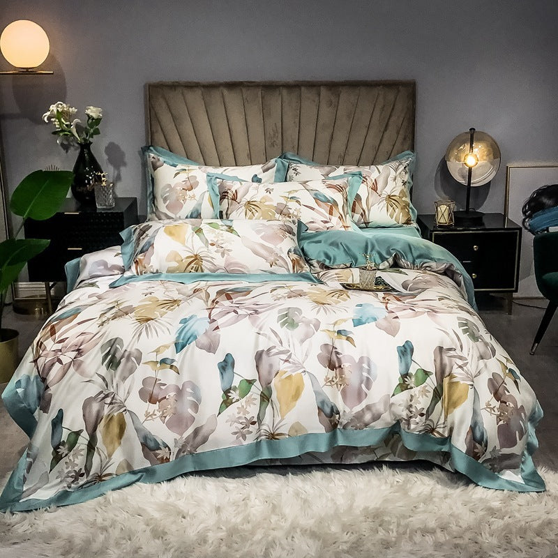 Double-Sided Ice Silk 4-Piece Bedding Set - Tencel Reactive Printed with Quilt Cover, Sheet, and 2 Pillowcases