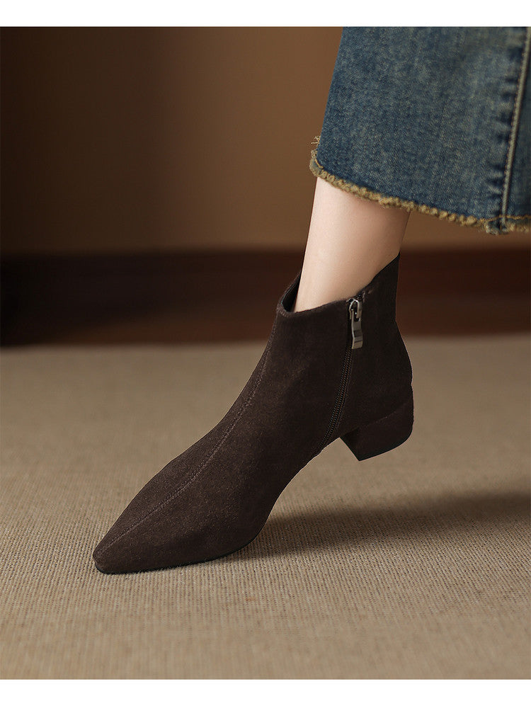 Low Heel Suede Ankle Boots - Women's Cow Suede Boots with Side Zip