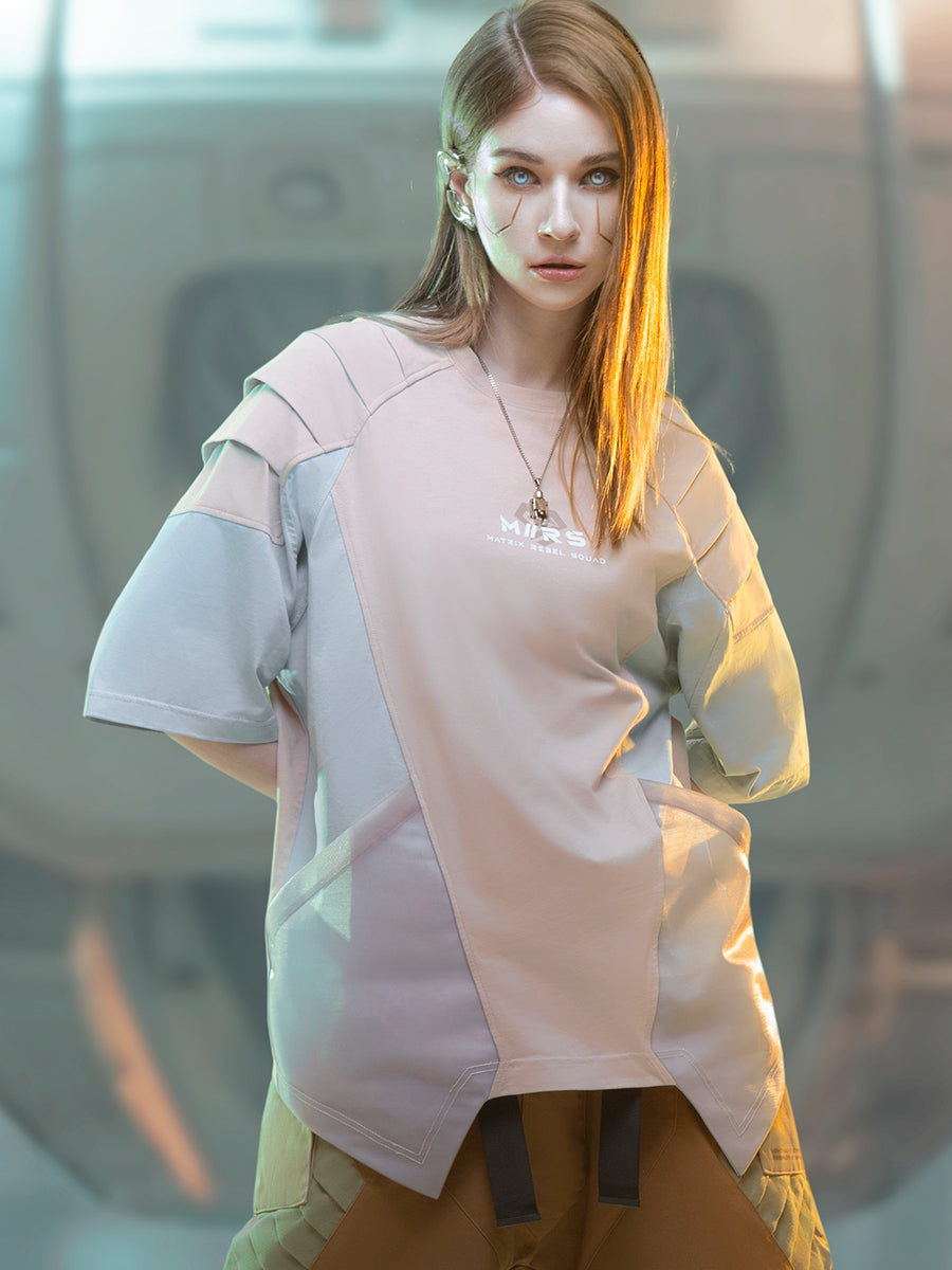 Loose Mecha Mesh Color Blocking Short Sleeve Top - Women's Cotton Letter Print Tee