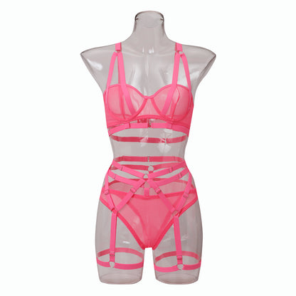 Women's 3-Piece Lingerie Set with Garter Strap - Ultra-Thin Polyester Set