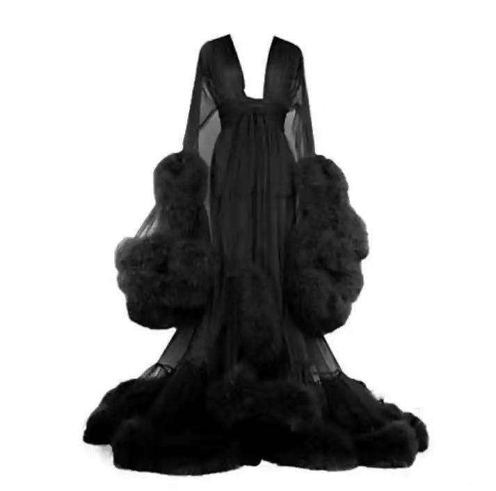 Women's Long Sleeve Robe - Sheer Mesh Nightgown with Fur Trim