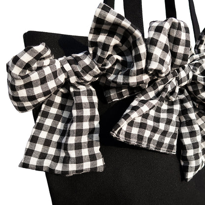 Nylon Plaid Tote Bag - Large Capacity Shopping Bag with Bow Detail