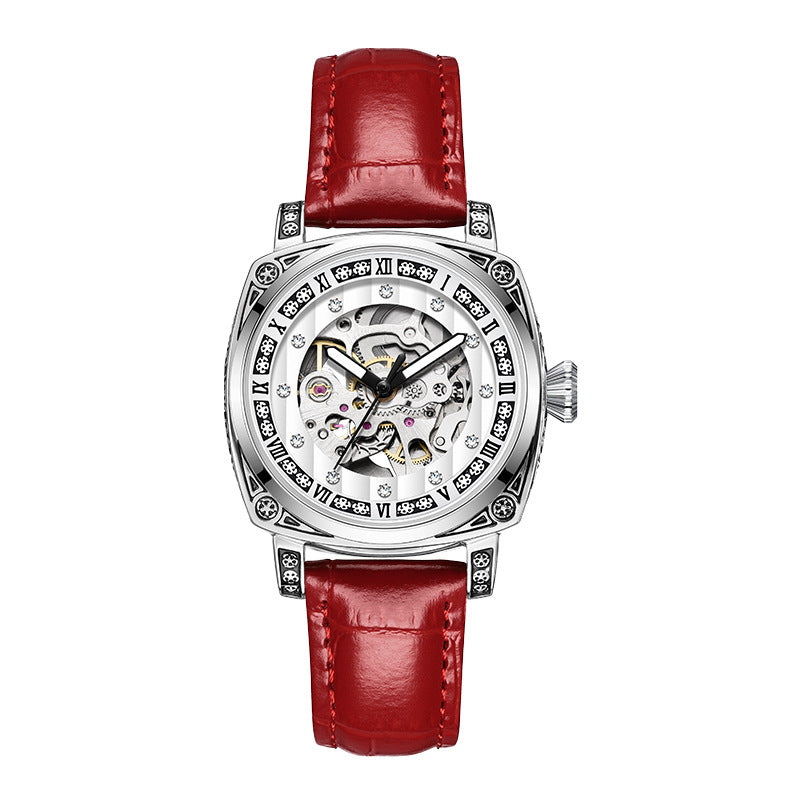 Fashion Mechanical Watch | Luminous Hands | 10m Water Resistant | Leather & Steel Strap | White, Black, Red, Steel Strip