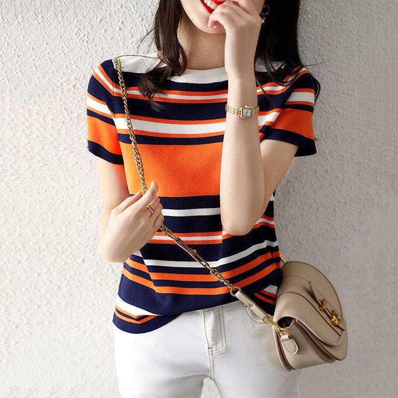Women's Color-Block Striped Knit Top - Loose Fit Crew Neck Sweater