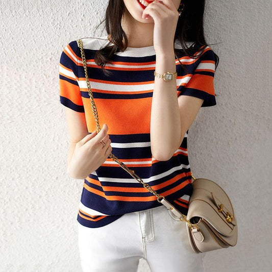 Women's Color-Block Striped Knit Top - Loose Fit Crew Neck Sweater