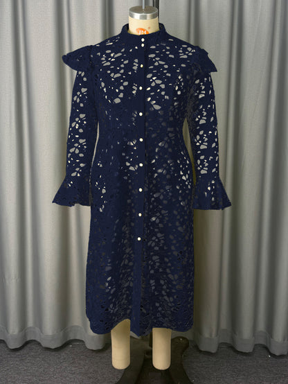 Women's Lace Bell Sleeve A-Line Midi Dress | Half Turtleneck Hollow-Out Cardigan