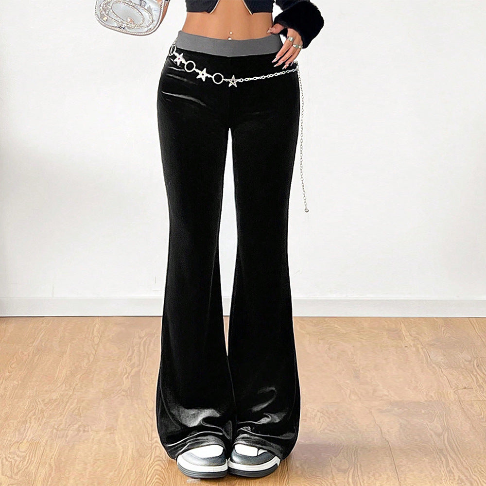 Women's Velvet Wide Leg Casual Pants - High Waist Elastic Waist Trousers