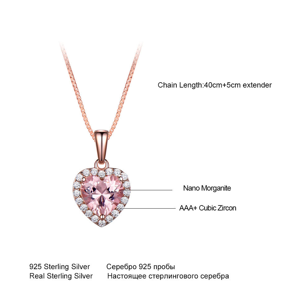 925 Sterling Silver Heart Pendant Necklace - Rose Morganite Charm Necklace for Women