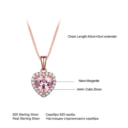 925 Sterling Silver Heart Pendant Necklace - Rose Morganite Charm Necklace for Women