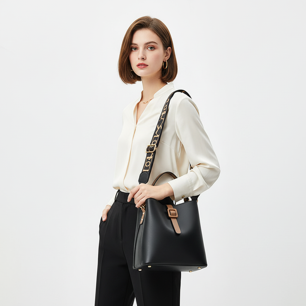 Fashion Bucket Shoulder Crossbody Bag - Letter Pattern PU Leather Messenger Bag