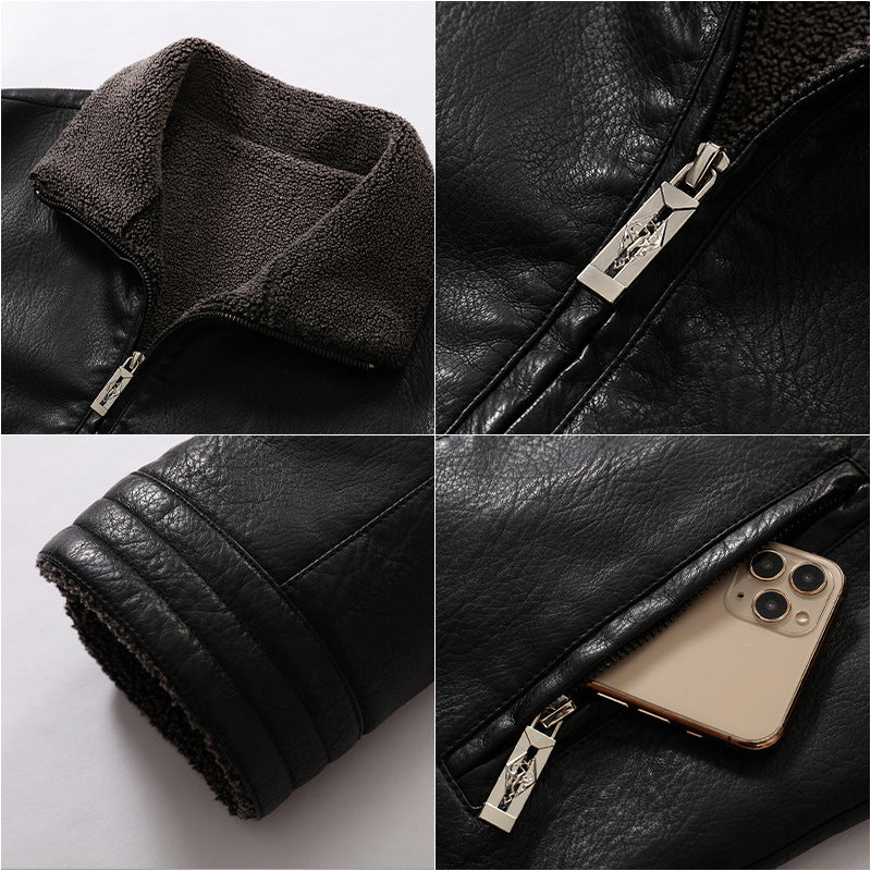 Men's Fleece-Lined PU Leather Jacket - Winter Outerwear