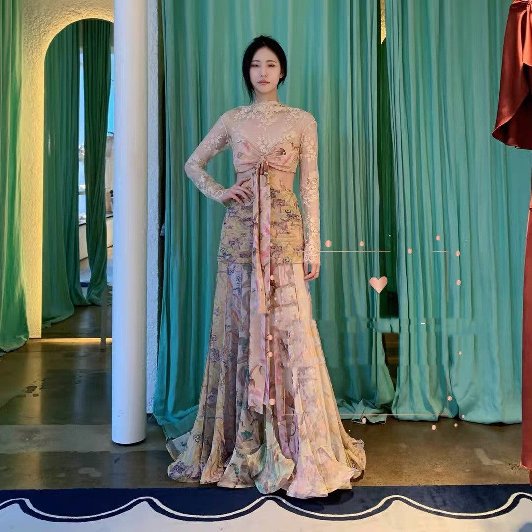 Women's Silk Ribbon Ruffled Long Skirt Dress - Lace-Up Style with Low Waist