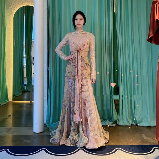 Women's Silk Ribbon Ruffled Long Skirt Dress - Lace-Up Style with Low Waist
