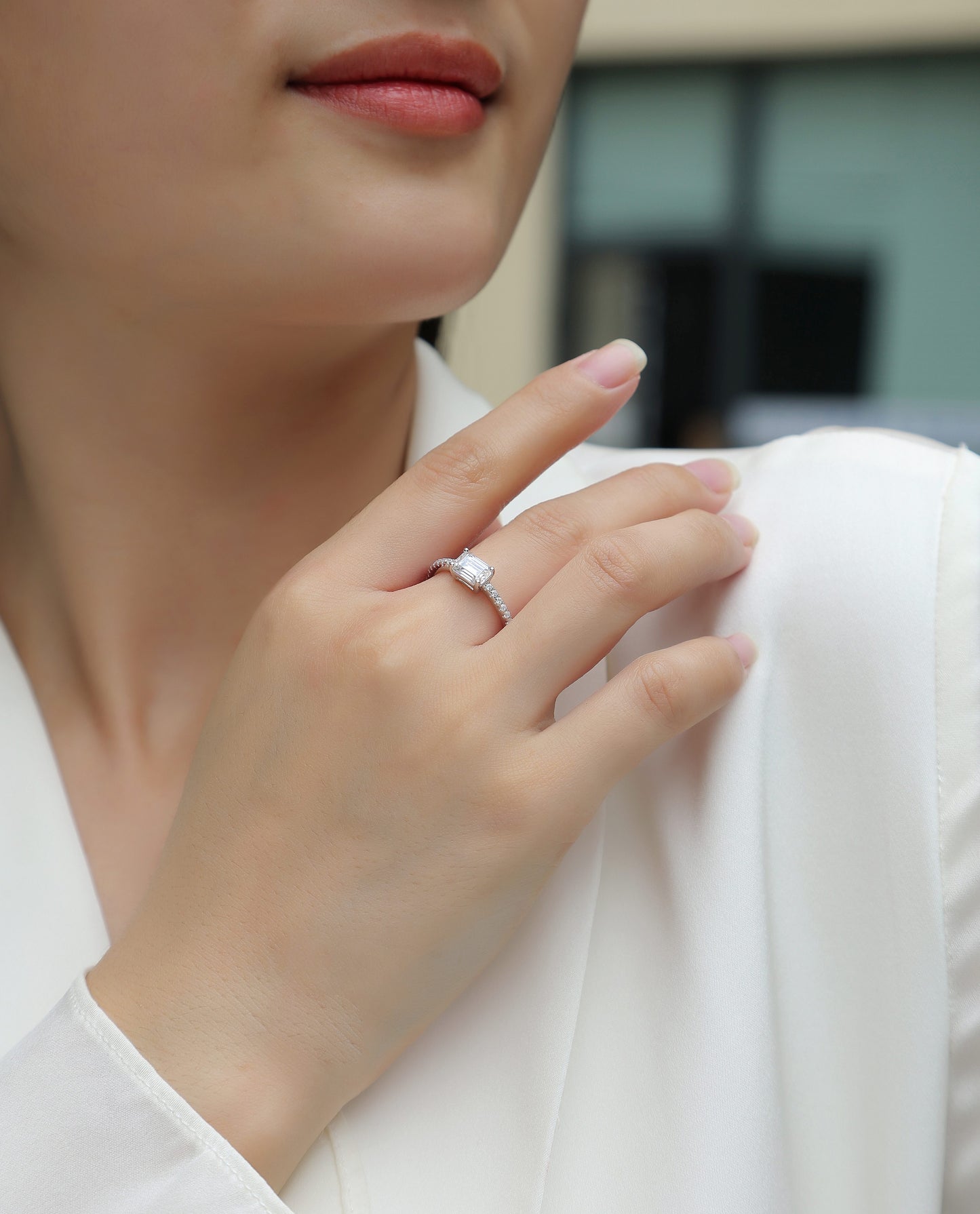Octagonal Moissanite Ring in S925 Sterling Silver with Platinum Plating