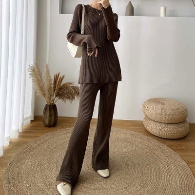 Women's Two-Piece Knitted Wide Leg Pants Set - Casual Sweater and Trousers Outfit