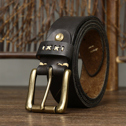 Washed-Out Vintage First Layer Cowhide Leather Belt - Genuine Leather Jeans Belt with Copper Pin Buckle