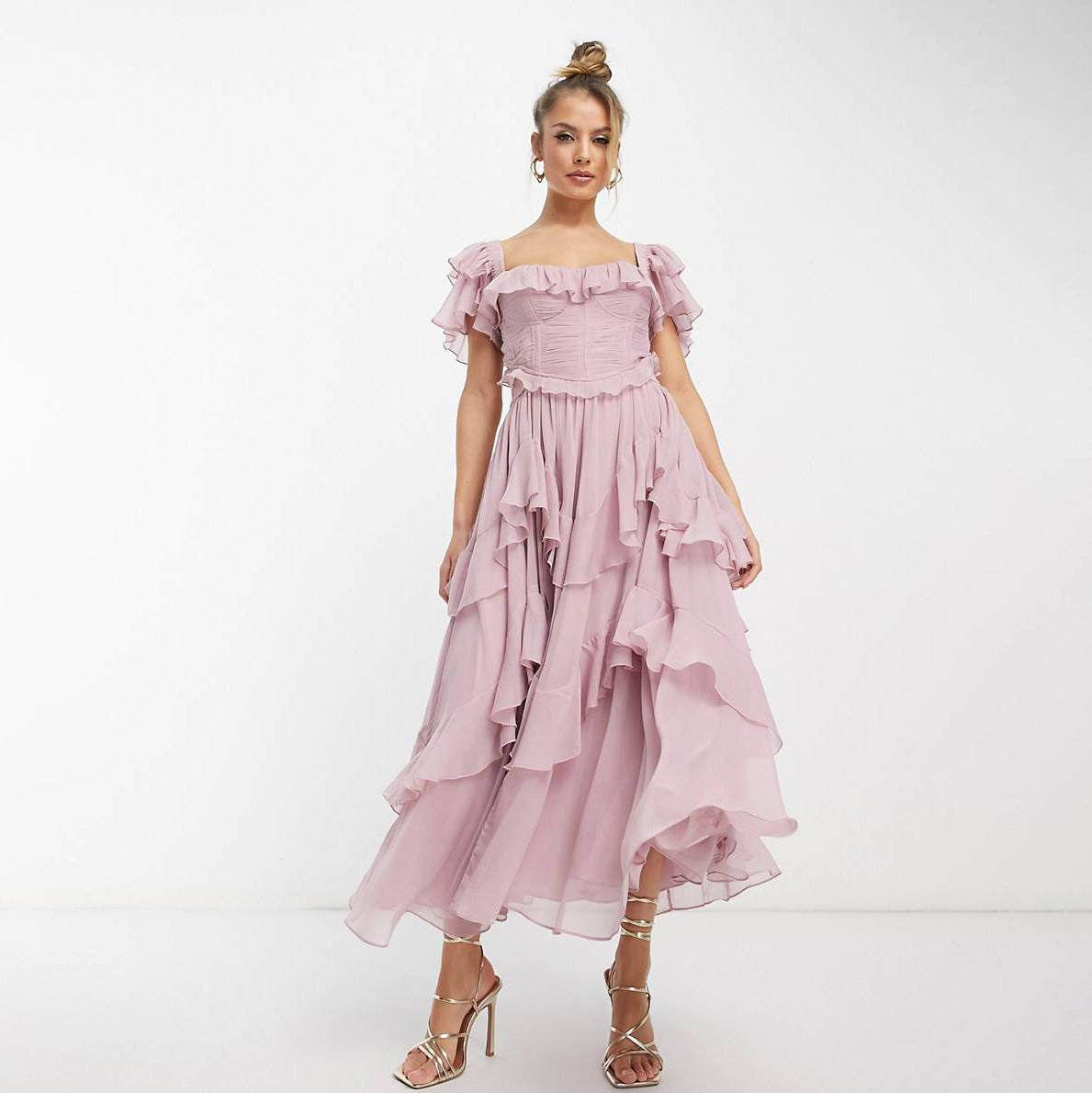 Women's Summer Ruffled Short-Sleeve Backless Square Neck Maxi Dress