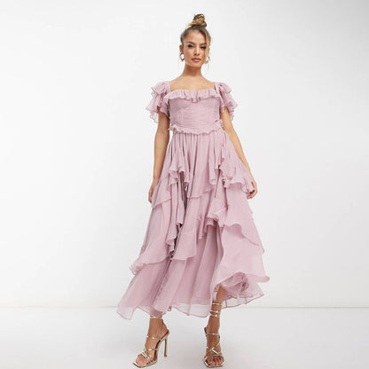 Women's Summer Ruffled Short-Sleeve Backless Square Neck Maxi Dress