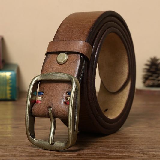 Men's Premium Genuine Leather Belt with Copper Pin Buckle - Classic Retro Style