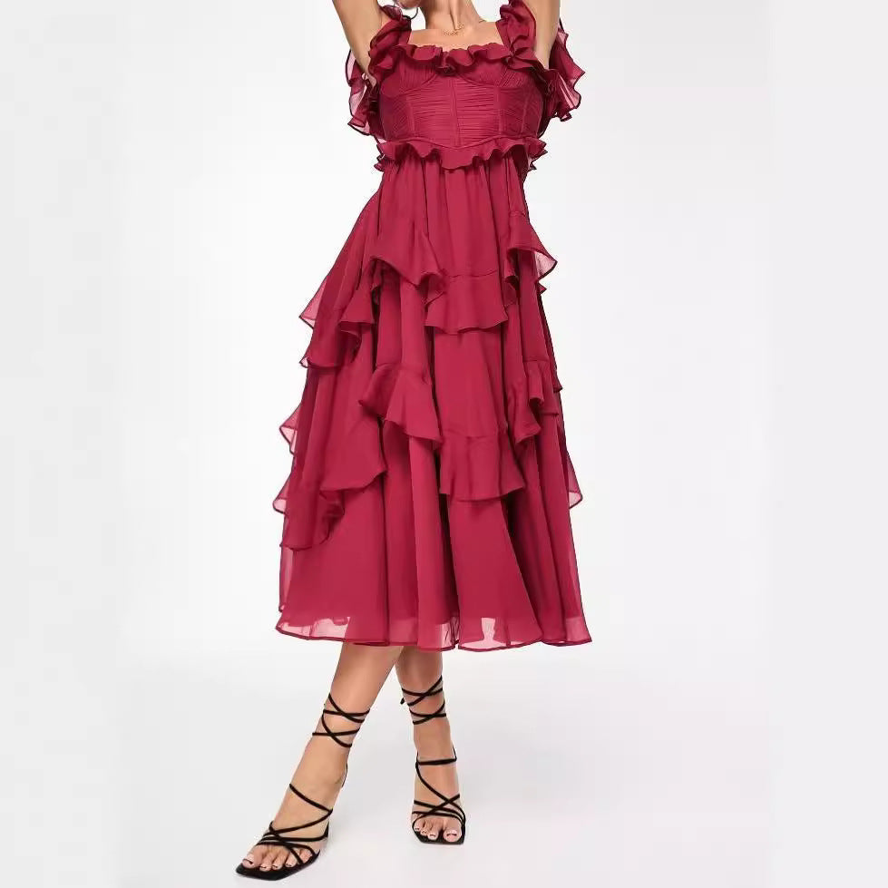 Women's Summer Ruffled Short-Sleeve Backless Square Neck Maxi Dress