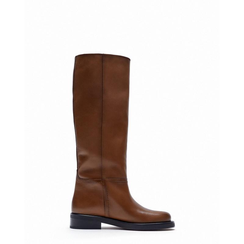 Women's Vintage High Boots - Mid-Heel Leather Boots with Round Toe
