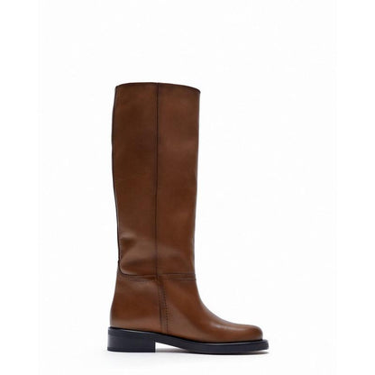 Women's Vintage High Boots - Mid-Heel Leather Boots with Round Toe