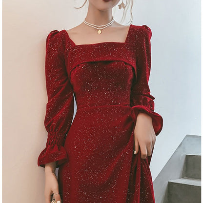 Women's Red Cotton Mid-Rise Dress – Elegant Bridal Toast Party Attire