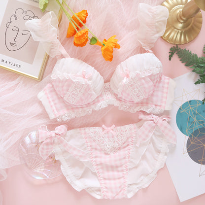 Women's Plaid Gathered Bra and Panty Set - Lace Trim Convertible Design
