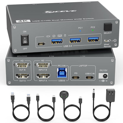 Dual-Monitor KVM Switcher - 2 Computer 2 Monitor USB 3.0 Type-C 4K@60Hz