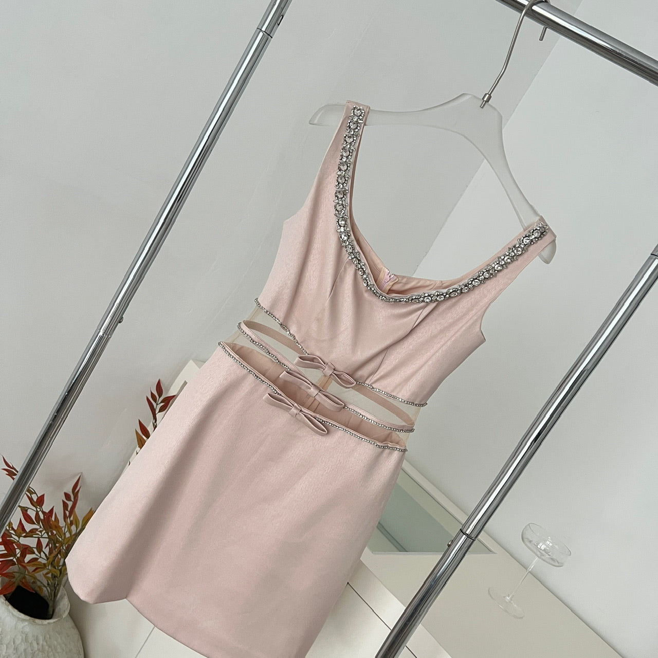 Women's Sleeveless Rhinestone Collar Bow Waist Cocktail Dress – Blush Pink Bridesmaid Gown