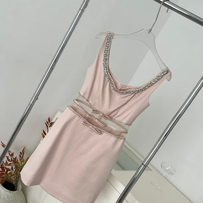 Women's Sleeveless Rhinestone Collar Bow Waist Cocktail Dress – Blush Pink Bridesmaid Gown