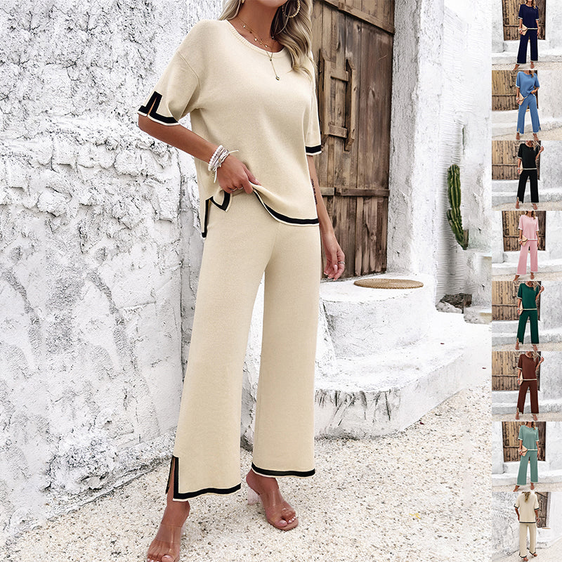 Women's 2-Piece Striped Knit Lounge Set - Short Sleeve Top and Wide Leg Pants in Ice Cool Silk