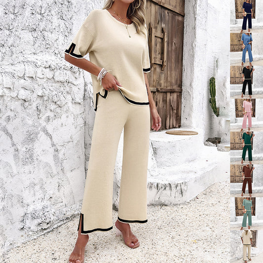 Women's 2-Piece Striped Knit Lounge Set - Short Sleeve Top and Wide Leg Pants in Ice Cool Silk