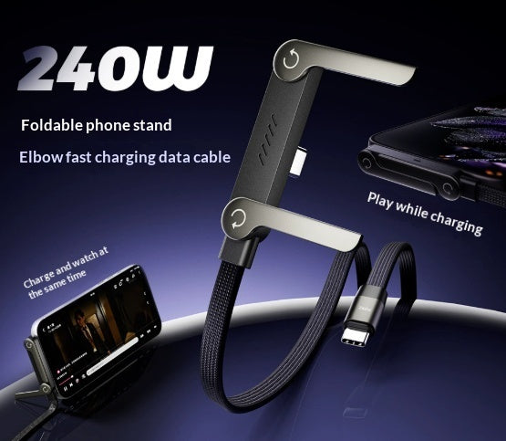 2-in-1 Fast Charging Cable with Built-In Foldable Phone Stand - 90° Elbow Braided Type-C Cable