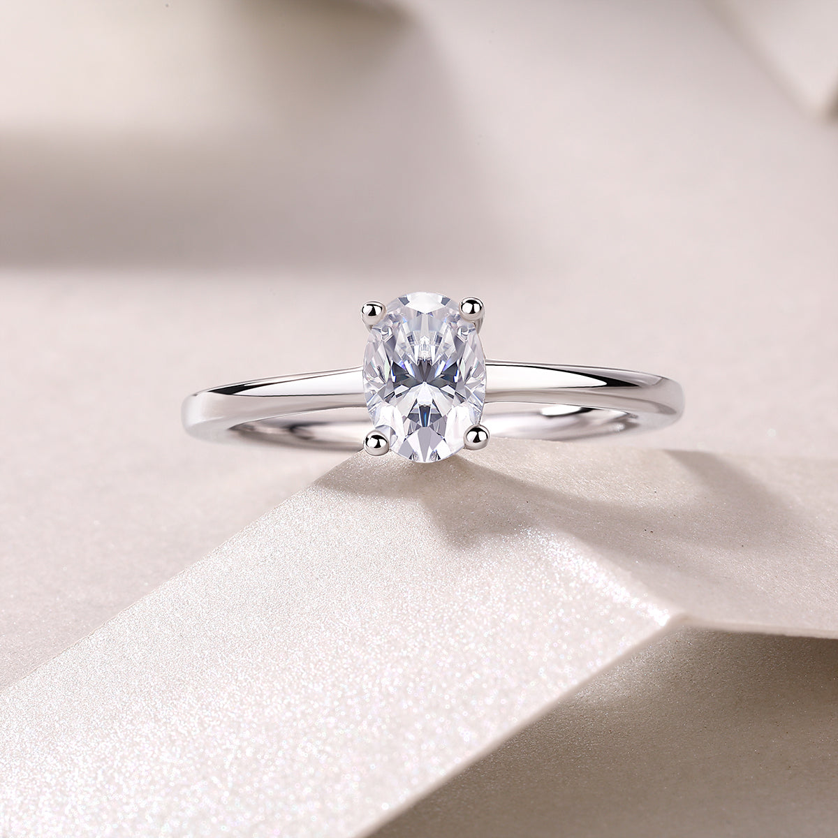 Oval Moissanite Sterling Silver Ring - Platinum Plated Wedding Band