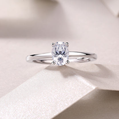 Oval Moissanite Sterling Silver Ring - Platinum Plated Wedding Band