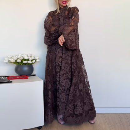 Women's Embroidered Long-Sleeve Loose Ruffle Maxi Dress — Apricot & Dark Coffee