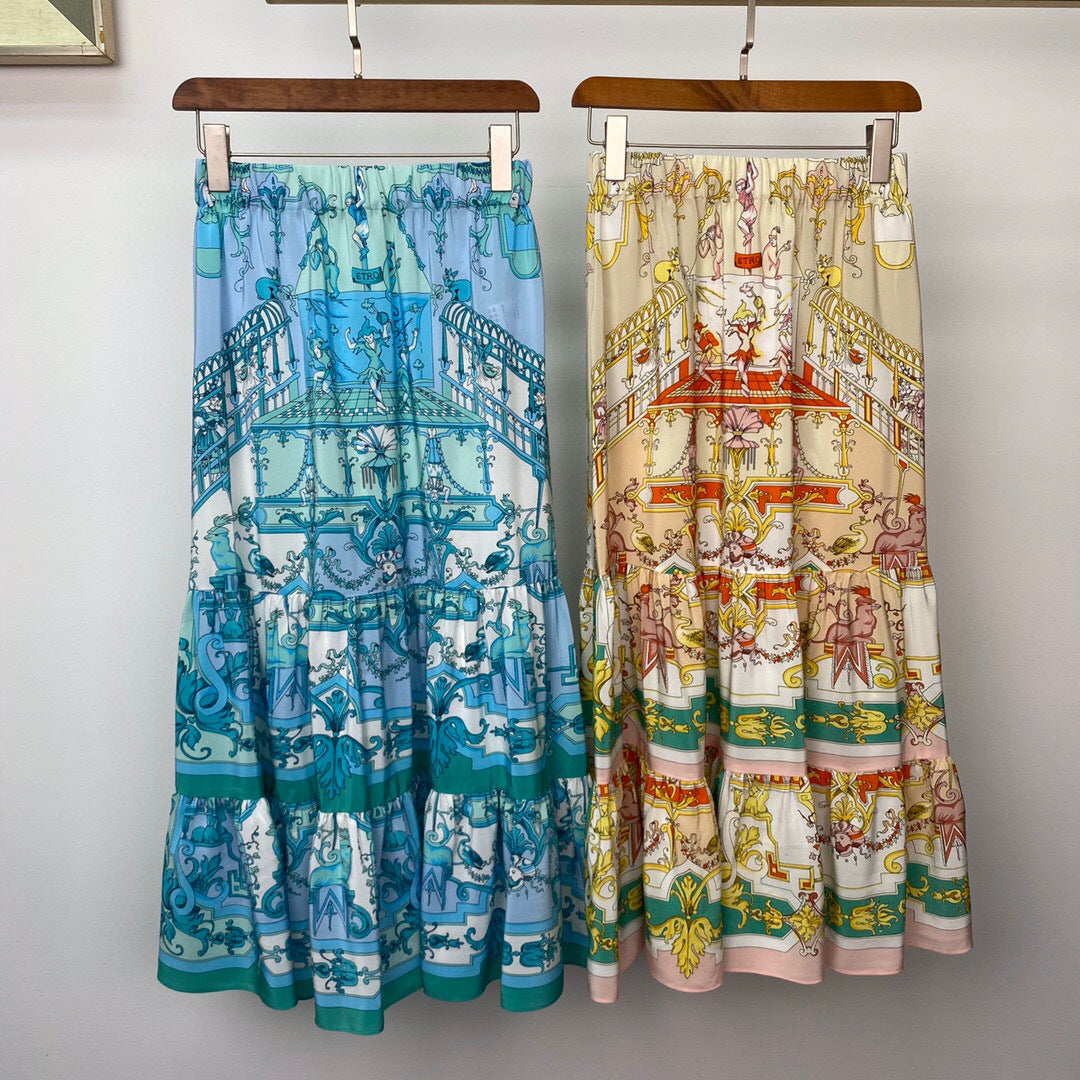 Elastic Waist Silk Print Tiered Skirt