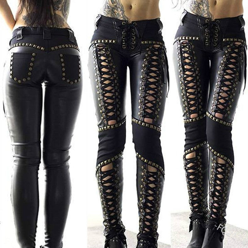 Punk Rock Leather Skinny Pants - Strap Detail Faux Leather Trousers